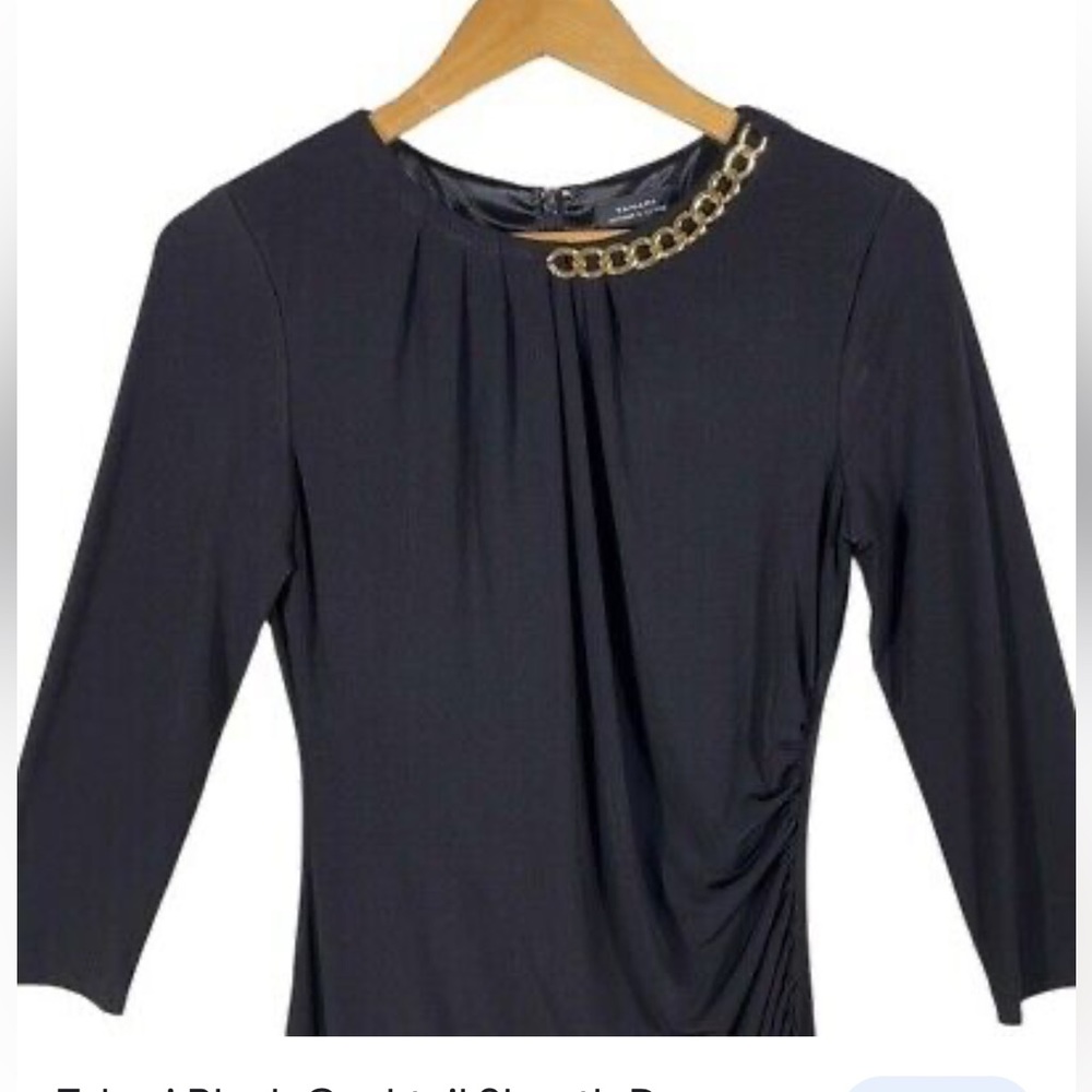 Tahari cocktail sheath knee length black dress with gold chain neckline sz 18
